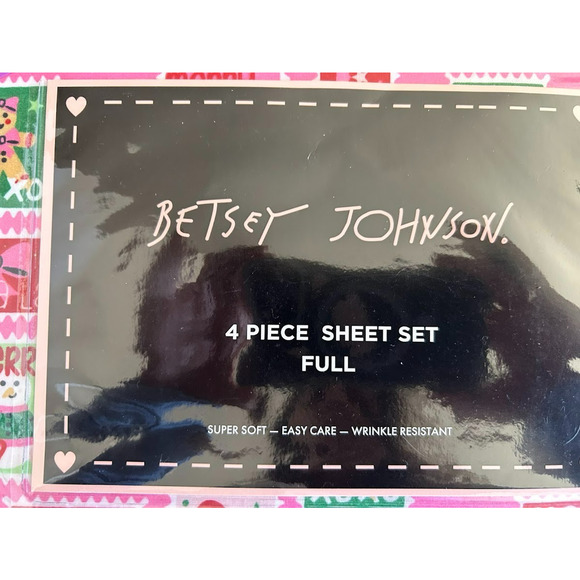 NEW Betsey Johnson 4 Pc Full Sheet Set Pink Holiday Christmas Stamps Winter CUTE - Picture 3 of 6